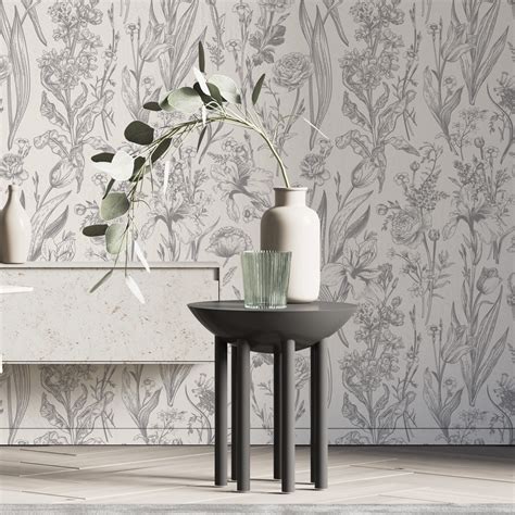 gray and white floral wallpaper