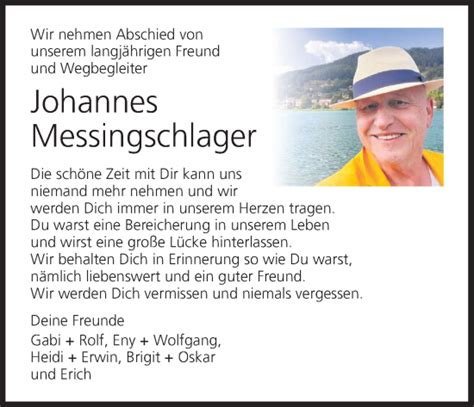 Johannes Messingschlager Traueranzeige Trauer Infranken De