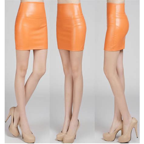 Orange Fashion Pu Faux Leather Skirt Bodycon High Waist Pencil Skirts