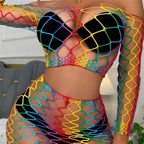 Sexy Lingerie Big Fishnet Split Tights Hollow Perspective Rainbow Colorful Nets Perspective Sexy