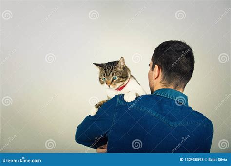 Man And Cat Stock Photo Image Of Cute Happy Grey 132938598