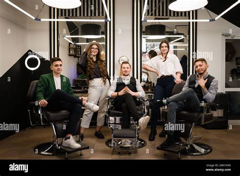 Five Hairdressers Stylists Boys And Girls After Work Portrait Of A