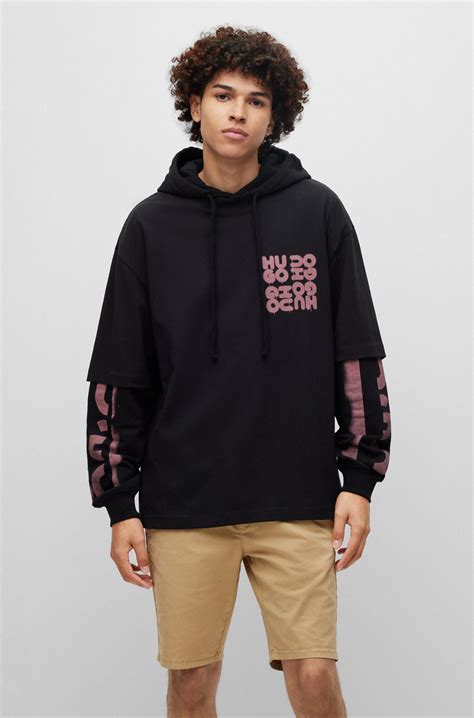 HUGO - Cotton-terry layered-effect hoodie with graffiti-style logos