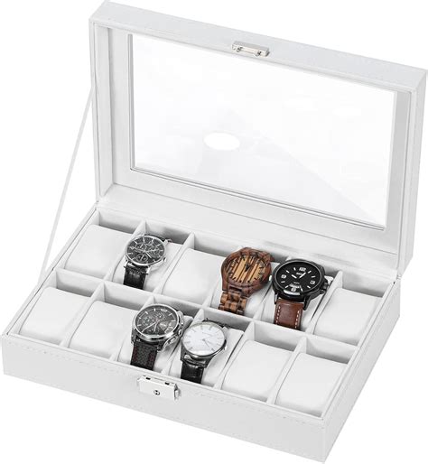 NORCEESAN Uhrenbox 12 Uhren Weiss Uhrenschatulle Mit Glasdeckel