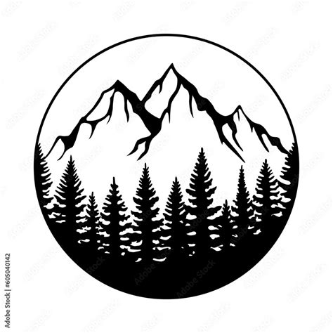 Forest And Mountain In A Circle Pine Trees And Hills Hand Drawn