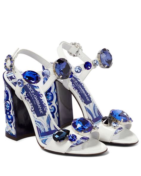 Dolce And Gabbana Majolica Embellished Leather Sandals In Blue Lyst