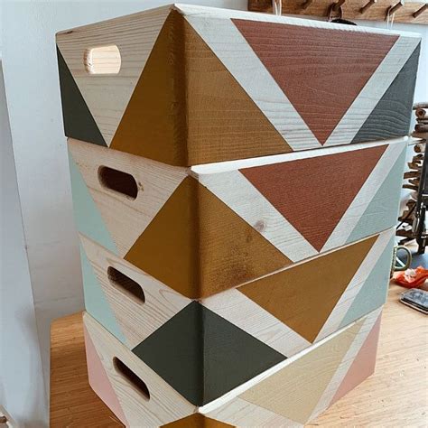 Caja de madera geométrica con asas Caja de almacenamiento Etsy España