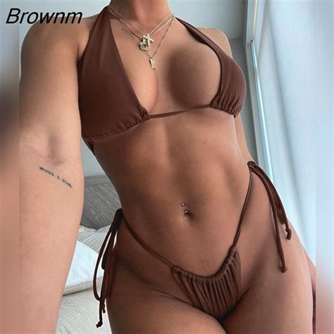Brownm Todos Summer Brown String Bikini Piece Set Women Sexy Beach Outfit Bathing