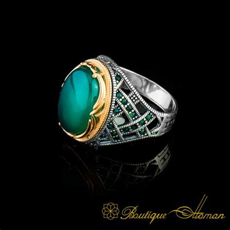 Royal Collection Green Aqeeq Silver Ring No Boutique Ottoman Exclusive