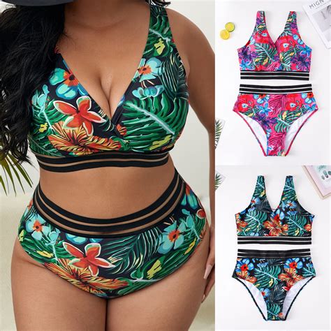 Reheyre Floral Print Bikini Set For Women High Waist Low Cut Padded V Neck Plus Size