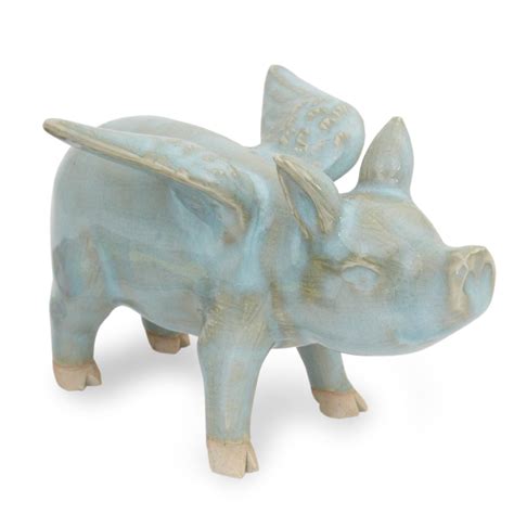 Handcrafted Blue Ceramic Flying Pig from Thailand - Flying Blue Pig
