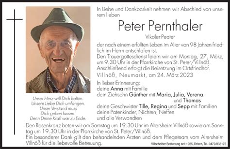 Traueranzeigen Von Peter Pernthaler Trauer Bz