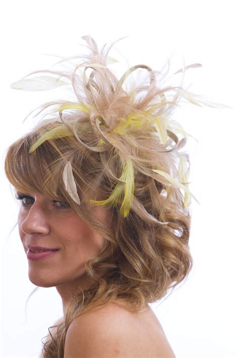 Taupe Nude Satin And Feathers With Yellow Highlights Feather Small Fascinator Hat Abbie