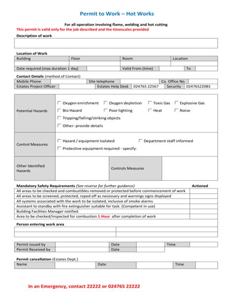 Hot Work Permit Sheet