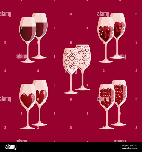 Set Of Wine Glasses With Red Hearts Inside Vector Illustration Love Concept Stock Vector Image