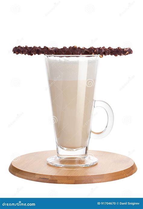 Hot Chocolate With Whipped Cream In A Mug Isolated On White Cocoa With Chocolate Stick For