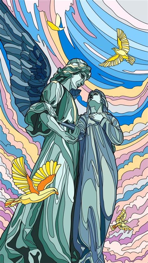 An Image Of Two Angels With Doves In Front Of A Colorful Sky And Clouds