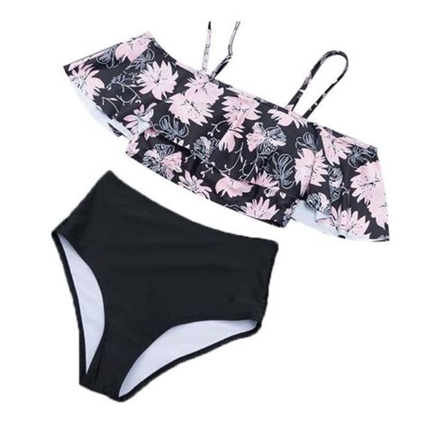 Maillot de bain sexy à volants femme bikini à taille haute Imprimé fleur noir Cdiscount