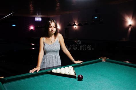 Portrait Of A Stunning Woman And Billiards Table Stock Photo Image Of