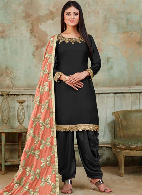 Buy Black Satin Designer Patiala Suit Online