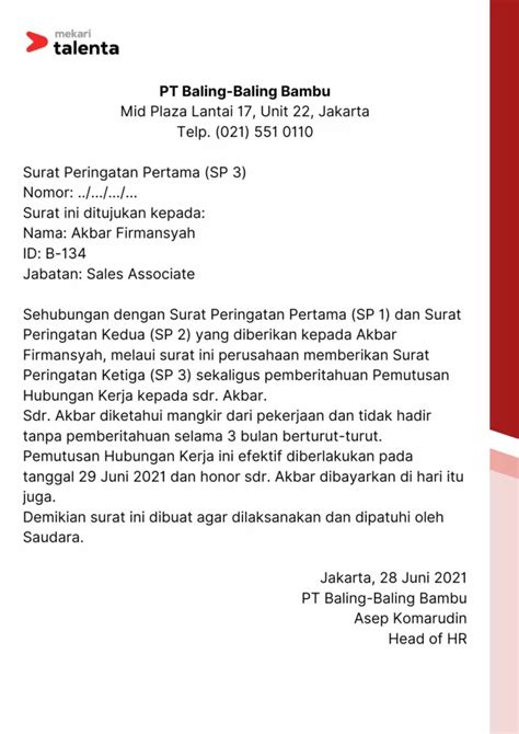 contoh surat peringatan karyawan sp sp  sp sesuai aturan