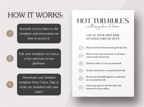 Hot Tub Rules Safety Sign For Airbnb Or VRBO Rental FULLY Customizable Canva Template A4 US