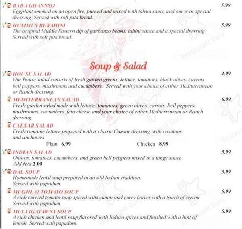 Menu at Taste of India restaurant, Seattle