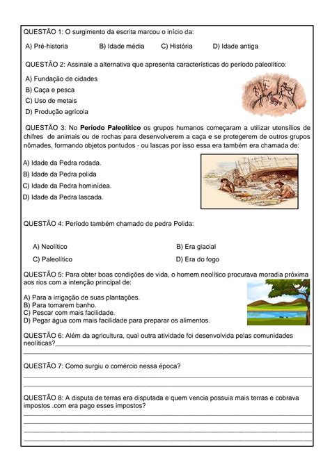 Exercícios Sobre A Pré-história Com Gabarito 5o Ano