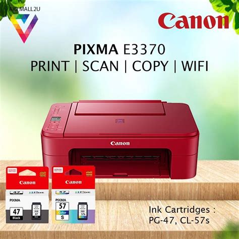 Canon Pixma E3370 Printer Print Scan Copy Wifi Color A4 Red