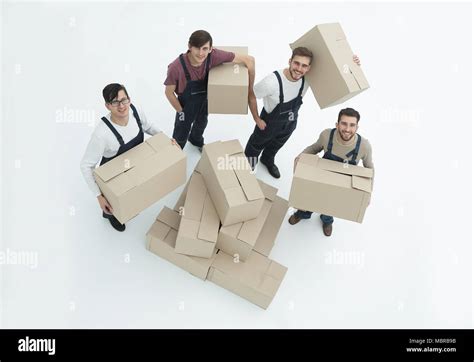 Delivery Men With Cardboard Boxes On White Background Stock Photo Alamy