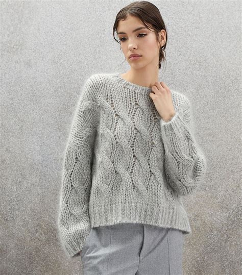 Brunello Cucinelli Mohair Wool Blend Cable Knit Sweater In Gray Lyst