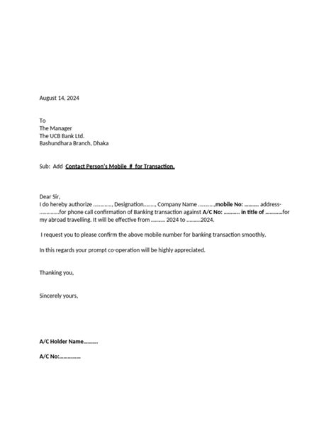 Authorization For Banking Contact Person Pdf