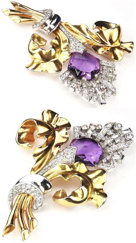 Mb Boucher Gold Pave And Heptagon Cut Amethyst Double Leaves With Bow