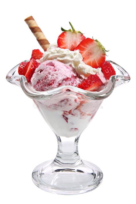 Ice Cream With Strawberries And Whipped Cream In Glass Vase