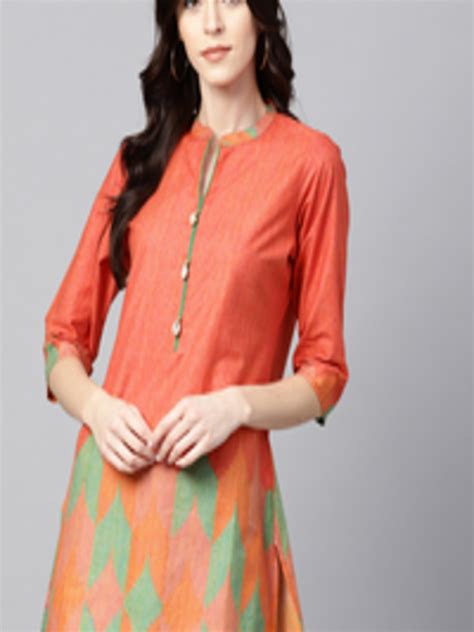 Buy Shree Orange And Green Printed Straight Pure Cotton Kurti Kurtis