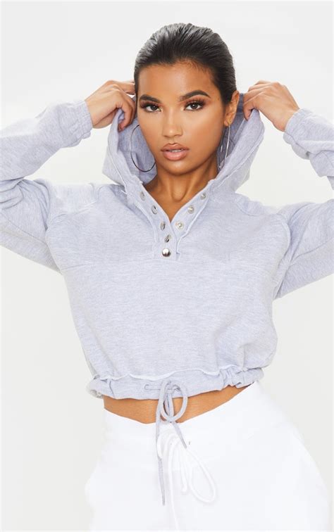 Grey Popper Drawstring Crop Hoodie Tops Prettylittlething