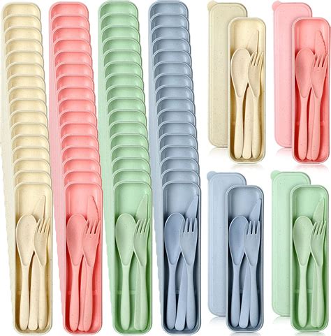 Jinei 50 Sets Wheat Straw Utensils Reusable Travel Utensils Set With Case Portable