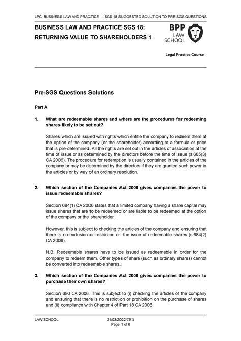 BLP SGS 18 Solutions To Pre SGS Questions 21 22 LPC BUSINESS LAW AND