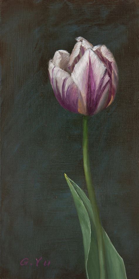 Original Tulip Oil Painting on Panel, Realistic Purple Flame Tulip