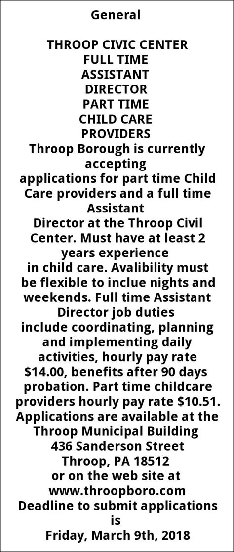 Child Care Providers and Assistant Director, Throop Borough, PA