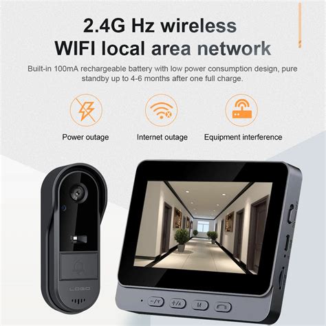 Умный 2,4G Wi-Fi дверной звонок, камера-глазок, аудио 4,3-дюймовый IPS ...