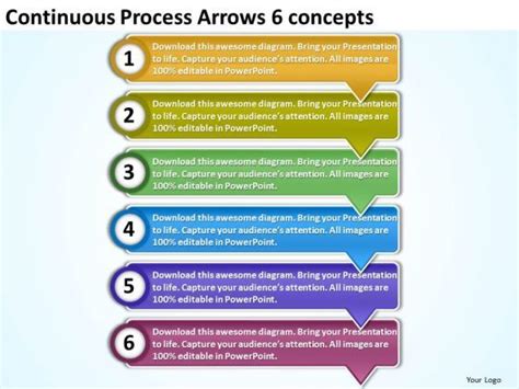 Continuous Process Arrows 6 Concepts Oil Flow Chart PowerPoint Slides