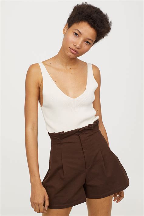 Dark Brown Shorts In Thick Cotton Jersey With A High Waist Gathers At Waistband Decorative