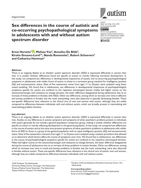 Pdf Sex Differences In The Course Of Autistic And Co Occurring Psychopathological Symptoms In