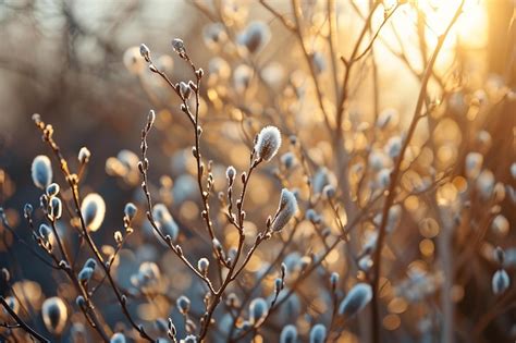 Premium Photo Close Up Of Pussy Willow Branches Neutral Colors Golden Hour Easter Background