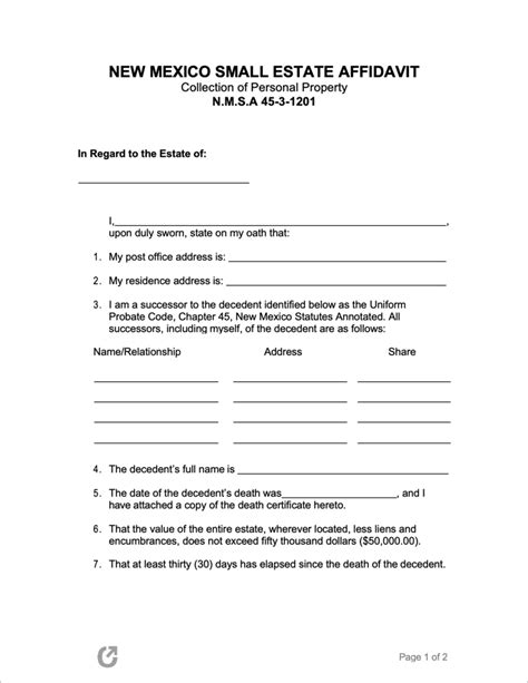 Free New Mexico Small Estate Affidavit Form Pdf Word Rtf