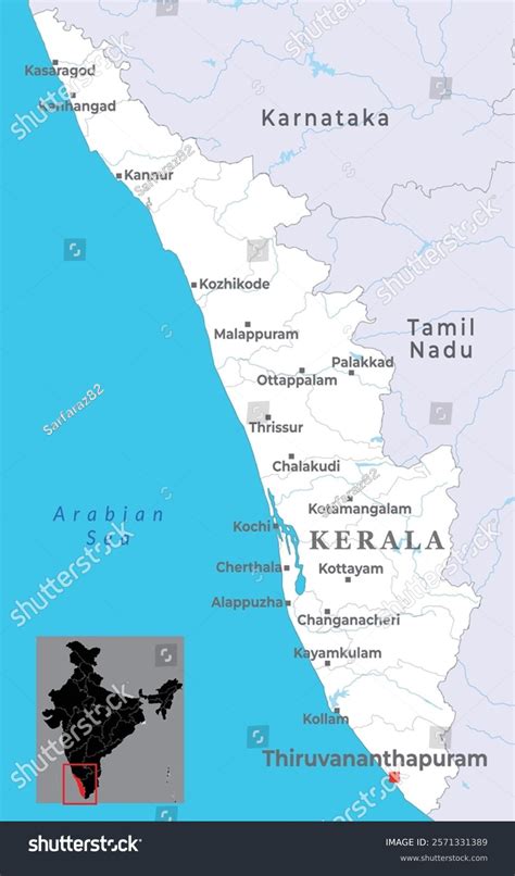 kerala district map capital thiruvananthapuram marked stock vector