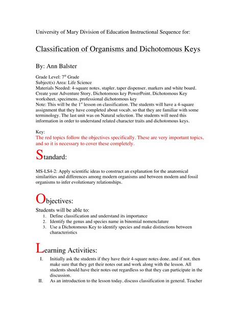 Pdf Classification Of Organisms And Dichotomous Keys Pdf Fileuse A