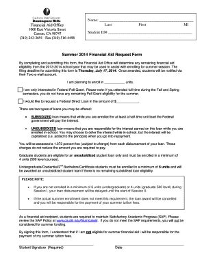 Fillable Online Summer Financial Aid Request Form Financial Aid