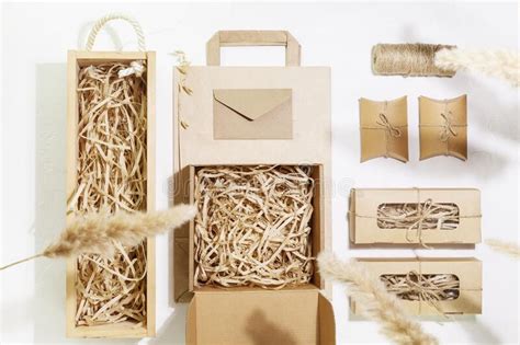 Eco Friendly Packaging Concept With Cardboard Boxes With Shredded Paper